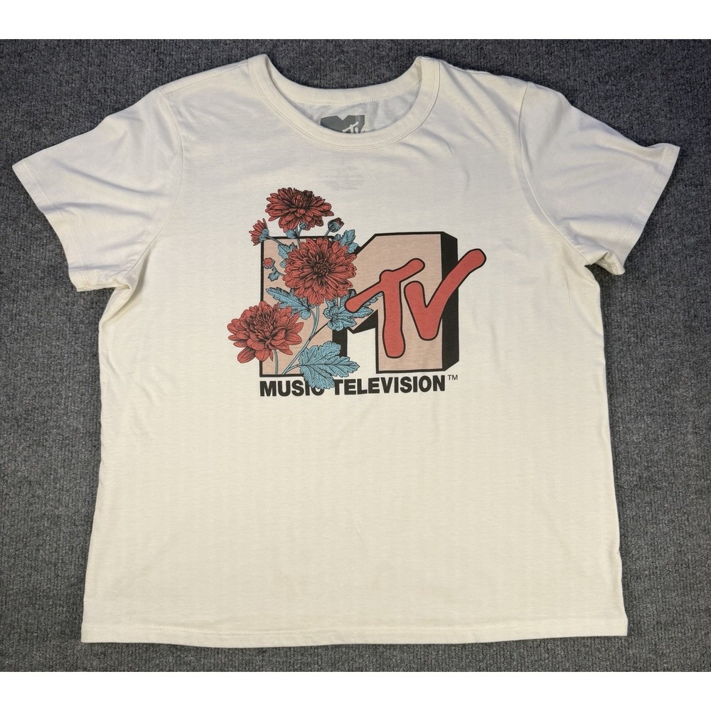 MTV Music Television Womens Graphic T Shirt Size Large Floral Short Sleeve Tee